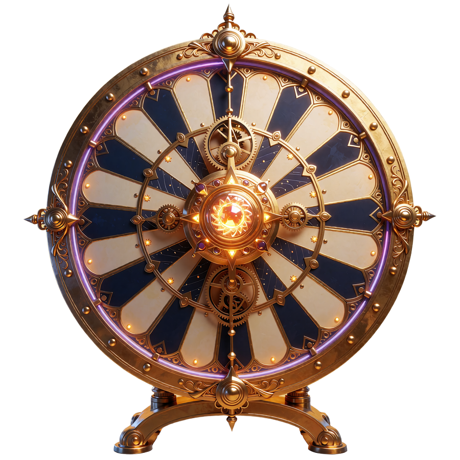 Złote Koło Fortuny z granatowymi i złotymi polami oraz świecącą osią - promocja Goldbet Casino