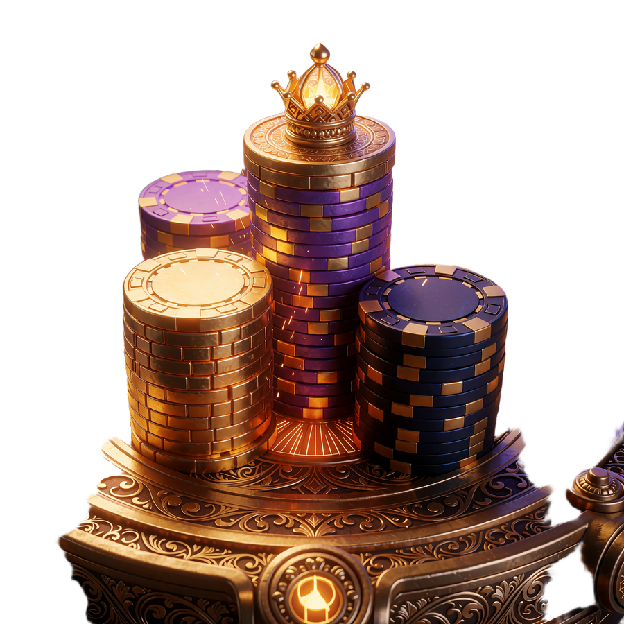 Trzy wieże złotych i fioletowych żeton&oacute;w na mosiężnej platformie z koroną - bonus High Roller 200% w Goldbet