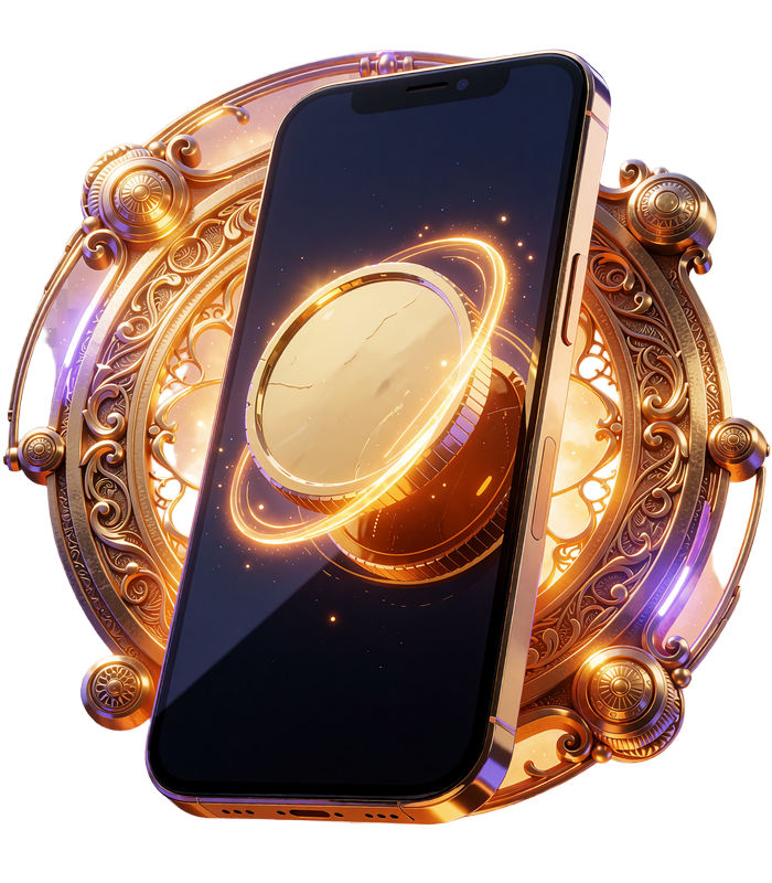 Smartfon w złotej obudowie ze świecącą złotą monetą - bonus &euro;15 za instalację aplikacji Goldbet
