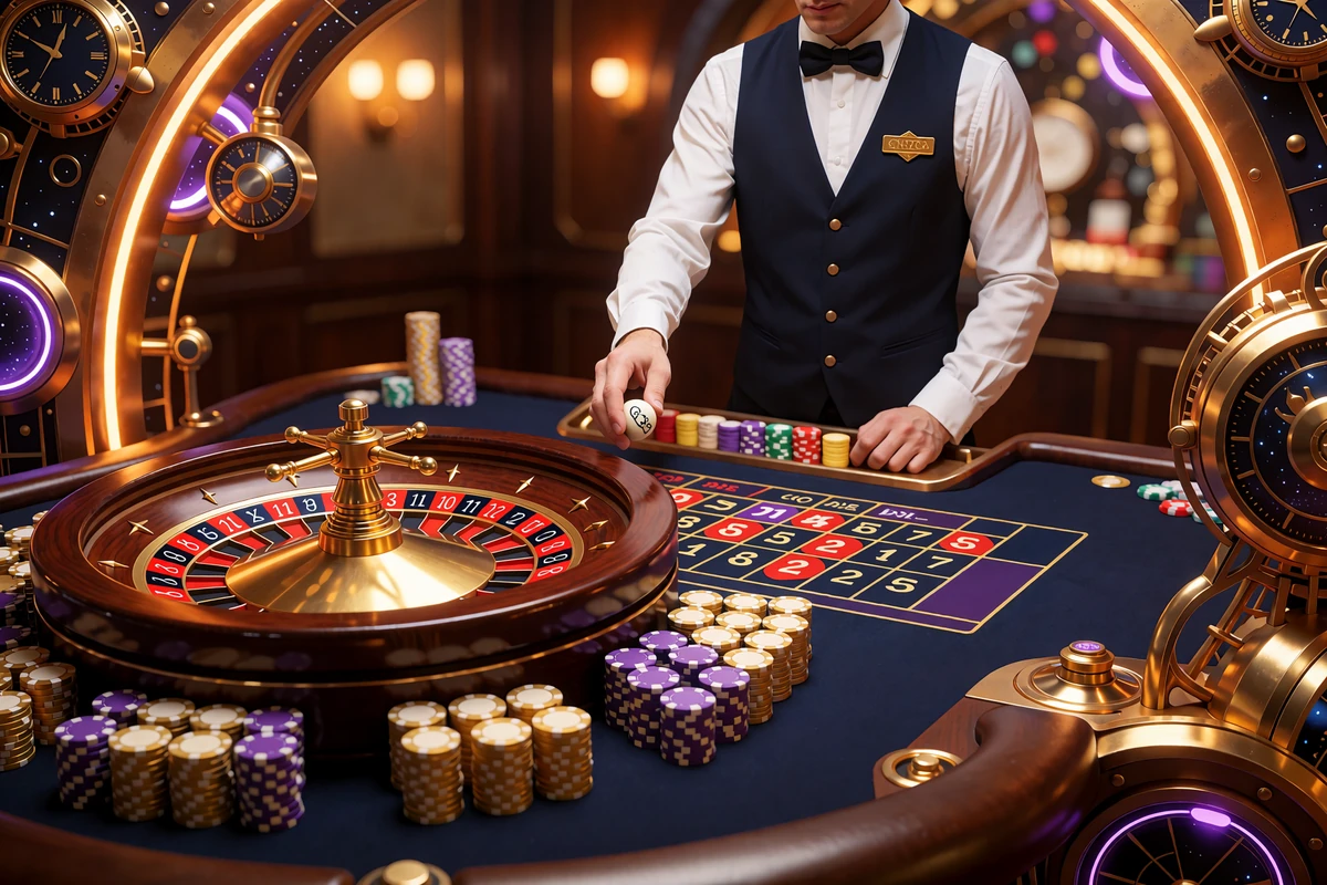 Krupier w granatowej kamizelce przy stole ruletki live ze złotym kołem i stosami żeton&oacute;w - kasyno live Goldbet